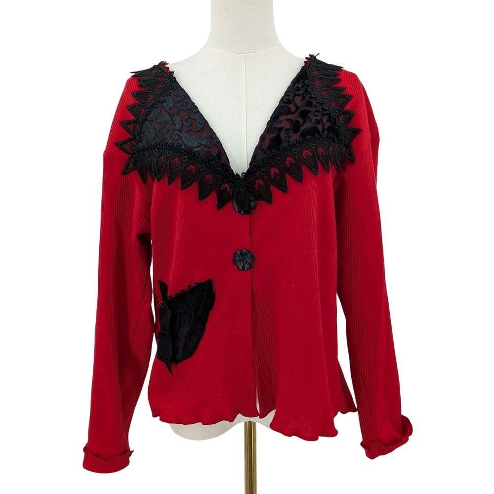 Vintage Cactus Flower‎ Red Black Applique Cardigan Sweater Women's Small USA